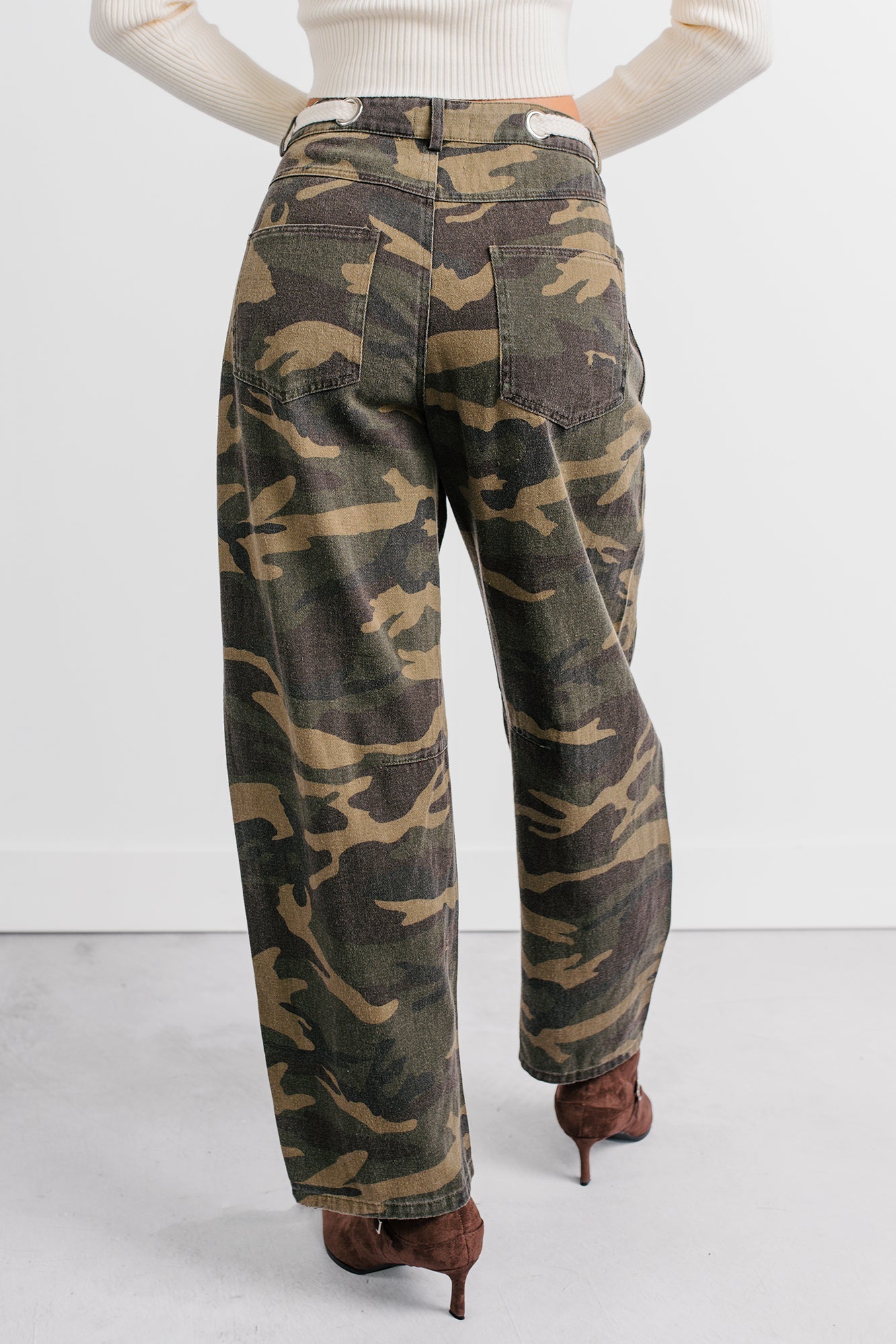 Think Of Me Denim Waist Tie Wide Leg Pants (Camo)