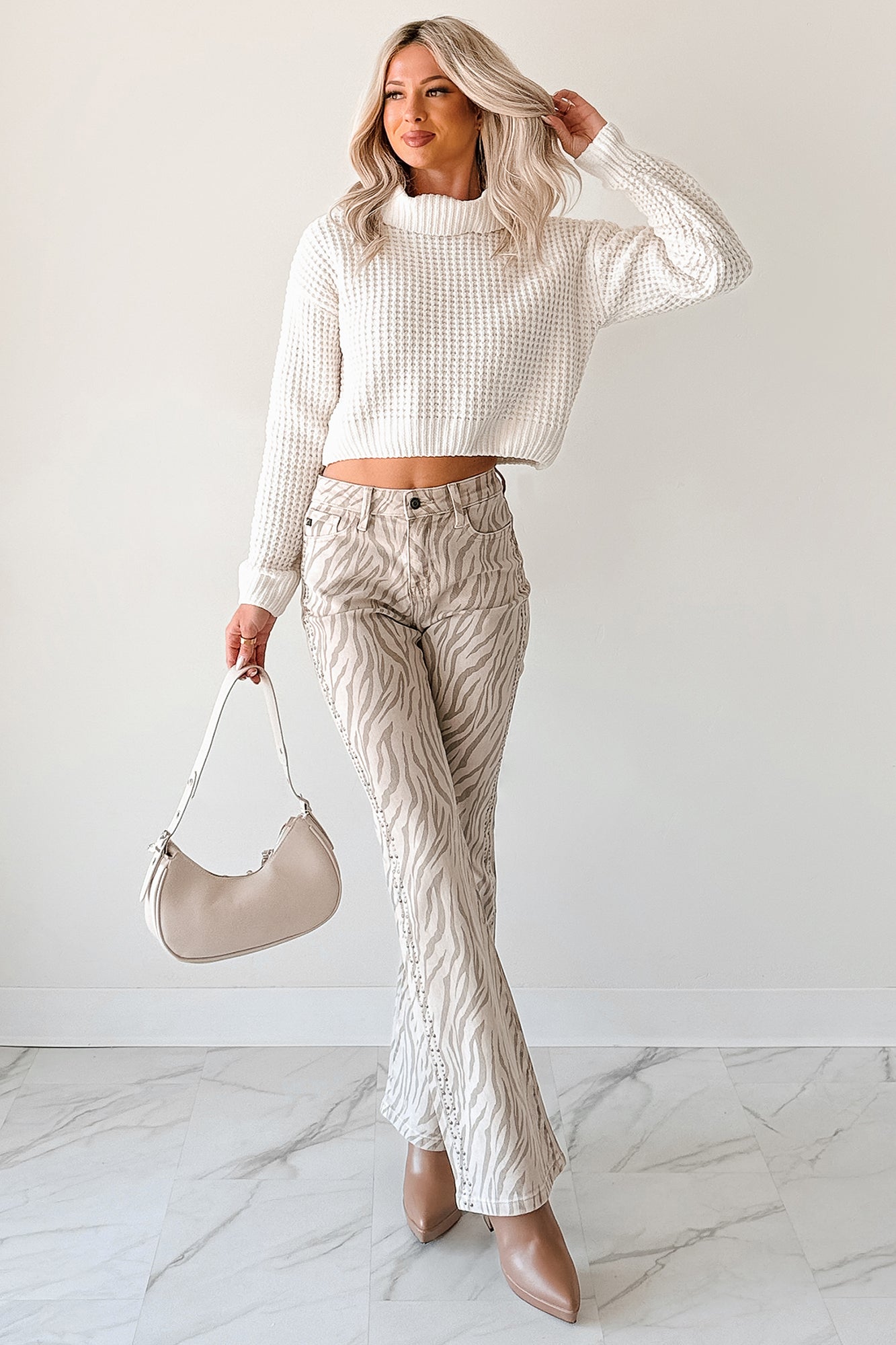 Philip Zebra Studded Flare Kancan Jeans (Beige)