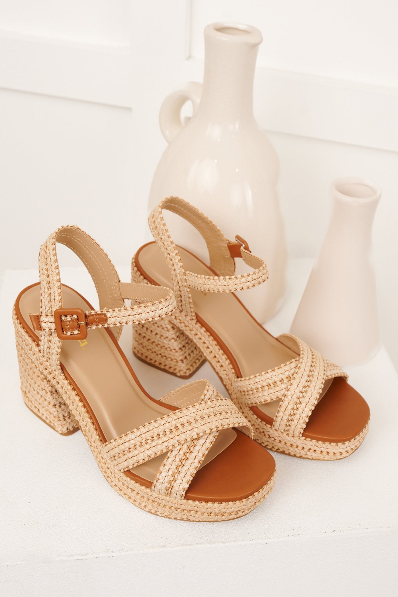 VayCay Getaway Braided Raffia Platform Heels (Natural/Tan)