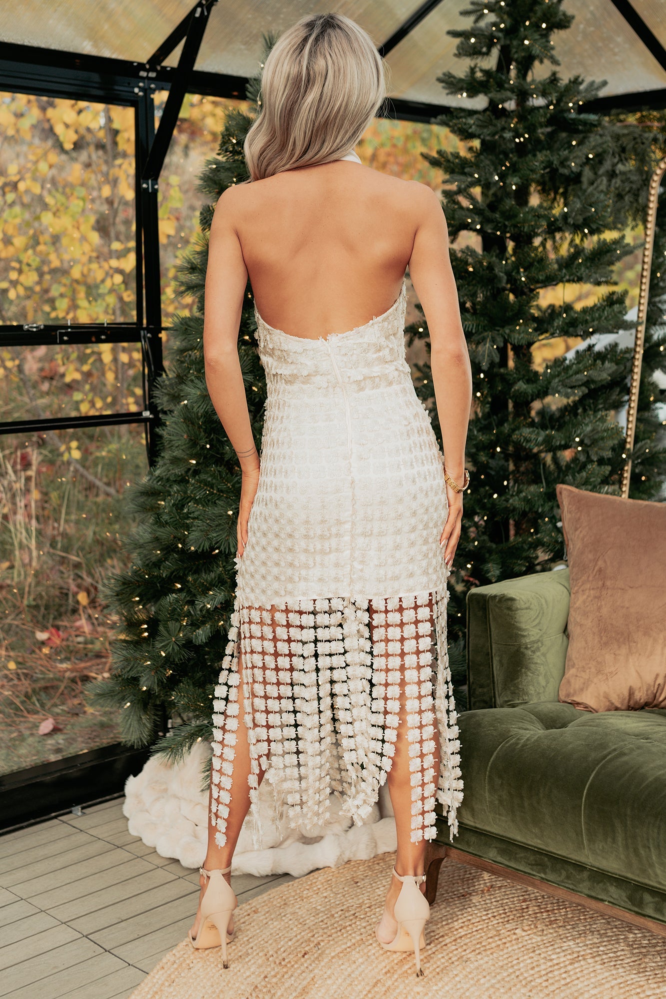 Starry Night Floral Crochet Overlay Halter Midi Dress (Champagne)